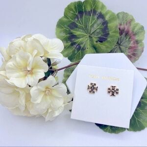 NWOT Tory Burch Gold Logo, Black Outline Kira Stud Earrings